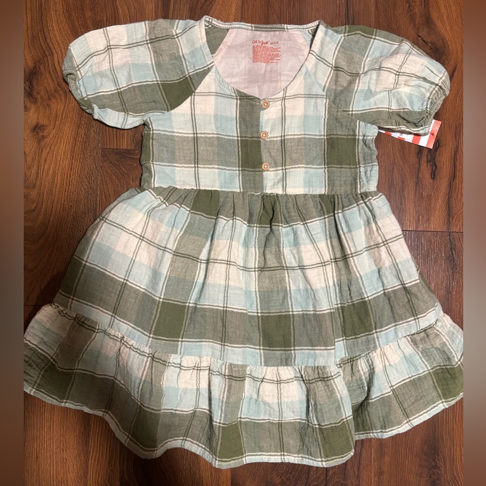 Cat & Jack Girls' Short Sleeve Plaid Woven Gauze Dress - Green XS - Picture 3 of 4